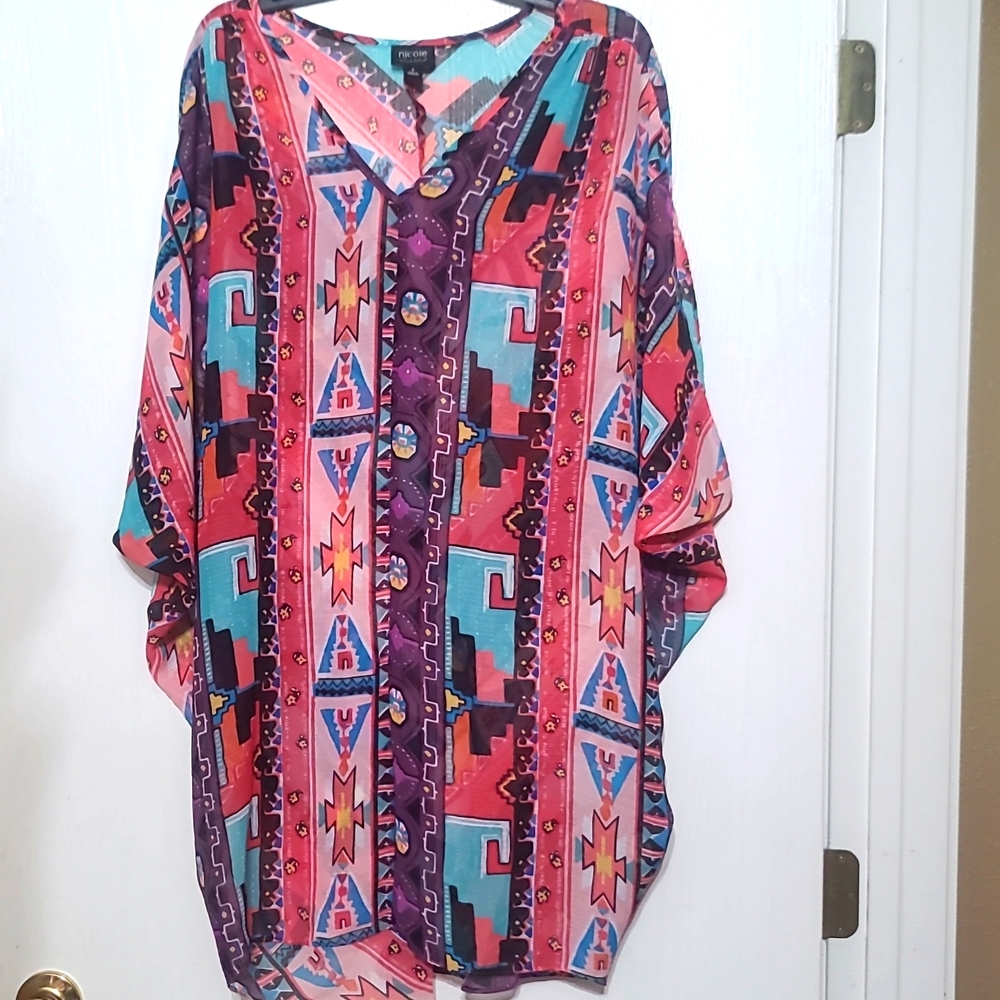 Nicole‎ Miller Womens Sheer Blouse/Dress/Coverup Aztec Pattern